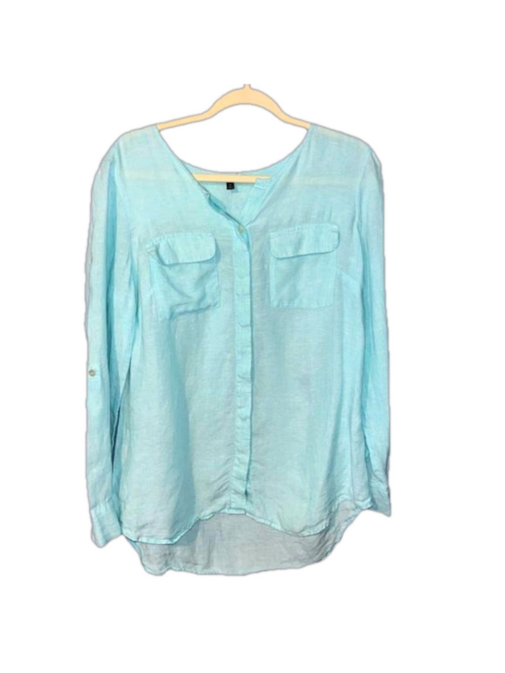 Talbots Light Blue Button-Front Long Sleeve Blouse 100% linen